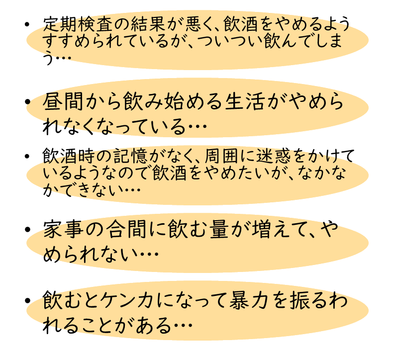 定期検査の結果が悪く、飲酒をやめるようすすめられているが、ついつい飲んでしまう　昼間から飲み始める生活がやめられなくなっている　飲酒時の記憶がなく、周囲に迷惑をかけているようなので飲酒をやめたいが、なかなかできない　家事の合間に飲む量が増えて、やめられない　飲むとケンカになって暴力を振るわれることがある